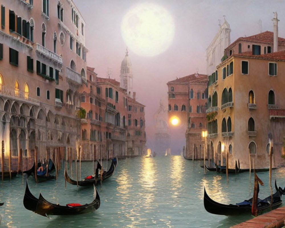 Historical buildings and gondolas on serene Venetian canal at dusk