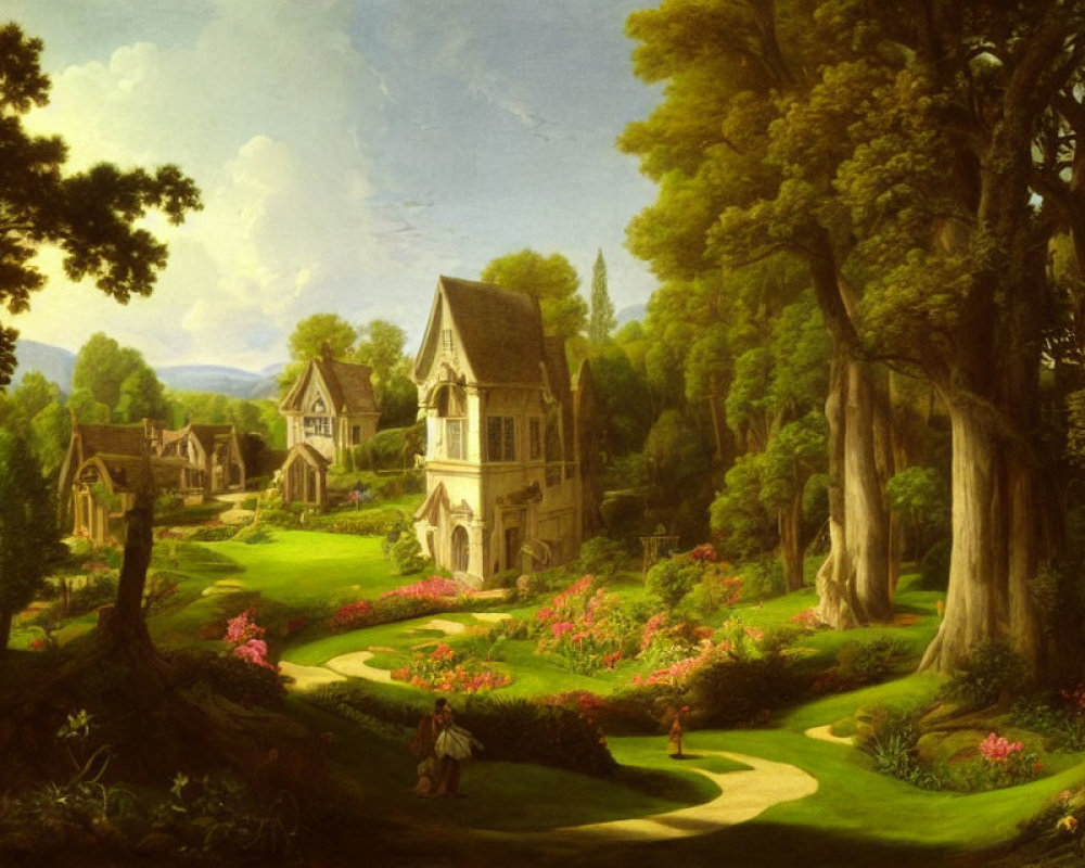 Idyllic landscape painting of lush greenery, towering trees, winding path, quaint village, vibrant