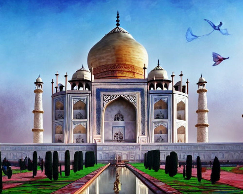Iconic Taj Mahal with reflective pool and clear blue sky.
