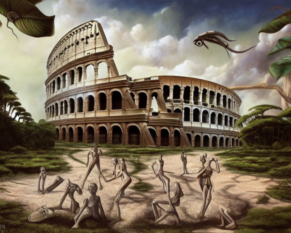 Surreal painting: Colosseum with anthropomorphic pencils in jungle setting