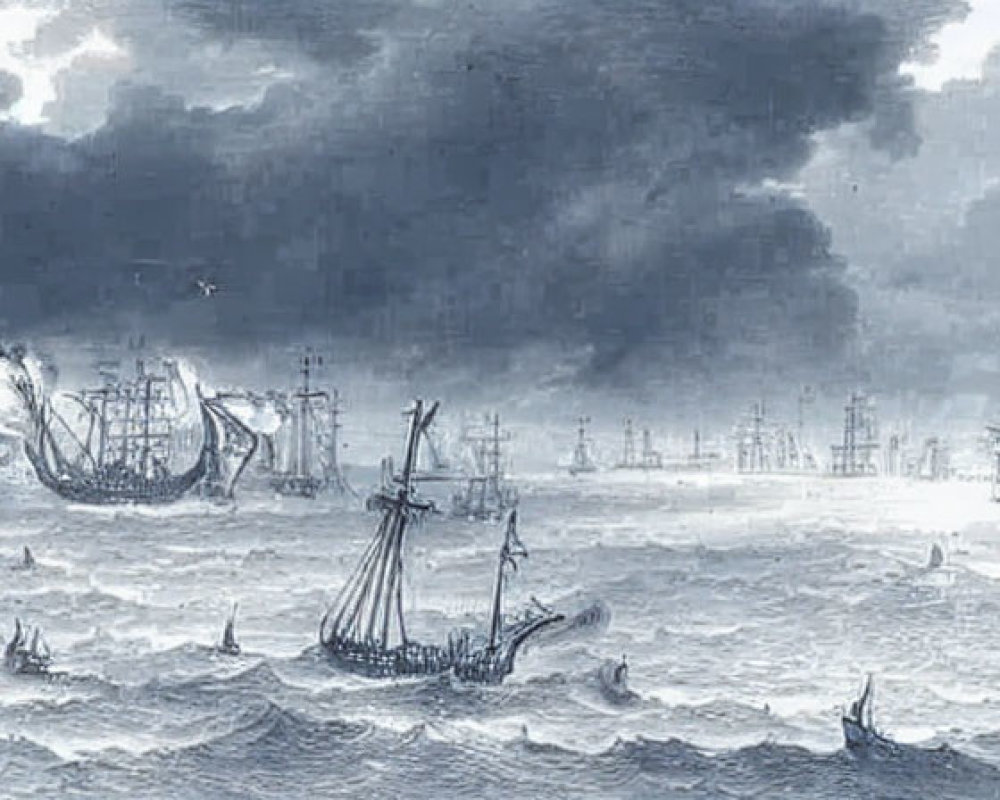 Monochromatic seascape with battling sailing ships in rough waves