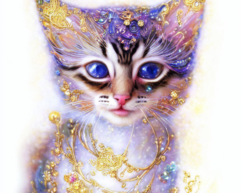 Whimsical digital painting of a kitten with blue eyes and ornate golden details