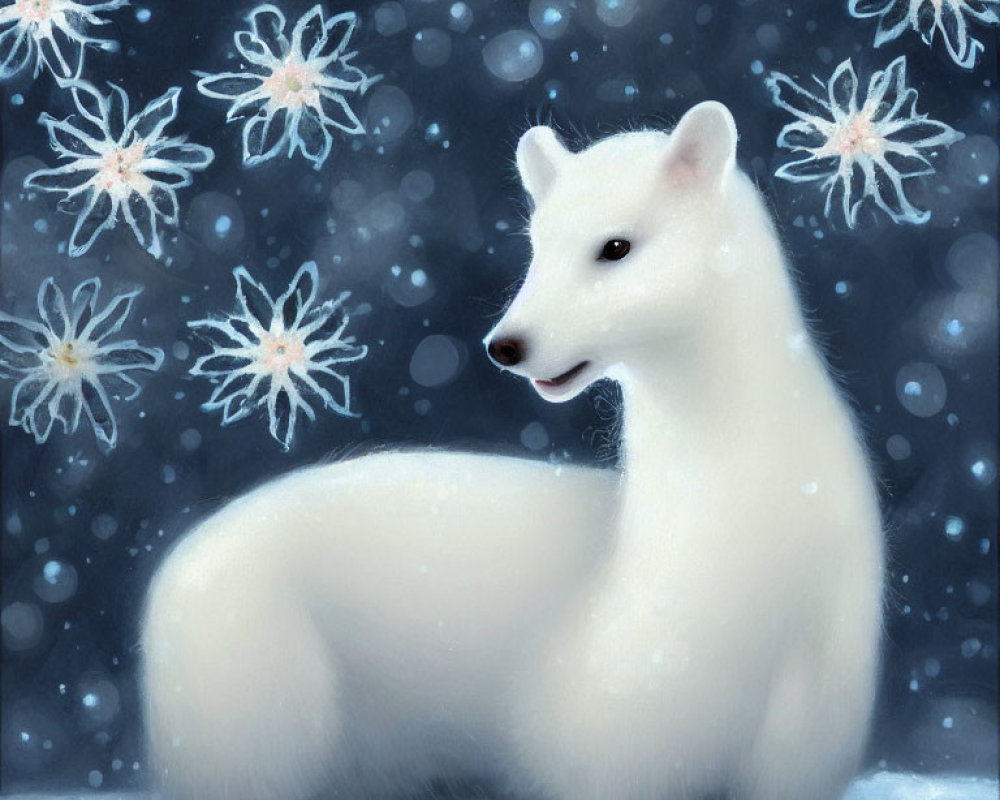 White Fox Surrounded by Snowflakes in Enchanted Winter Scene