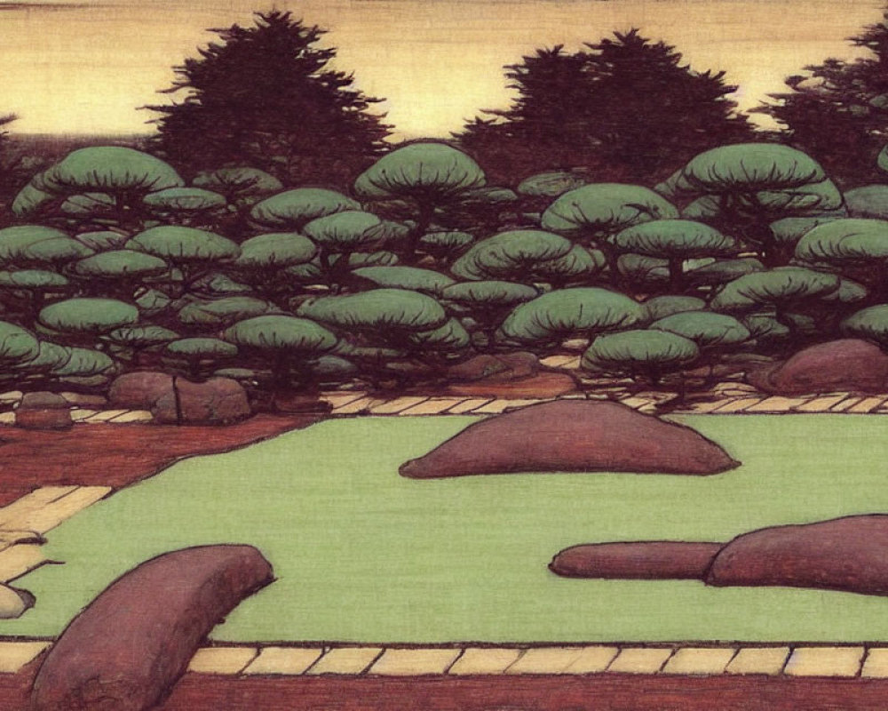Serene garden drawing with green trees and a path