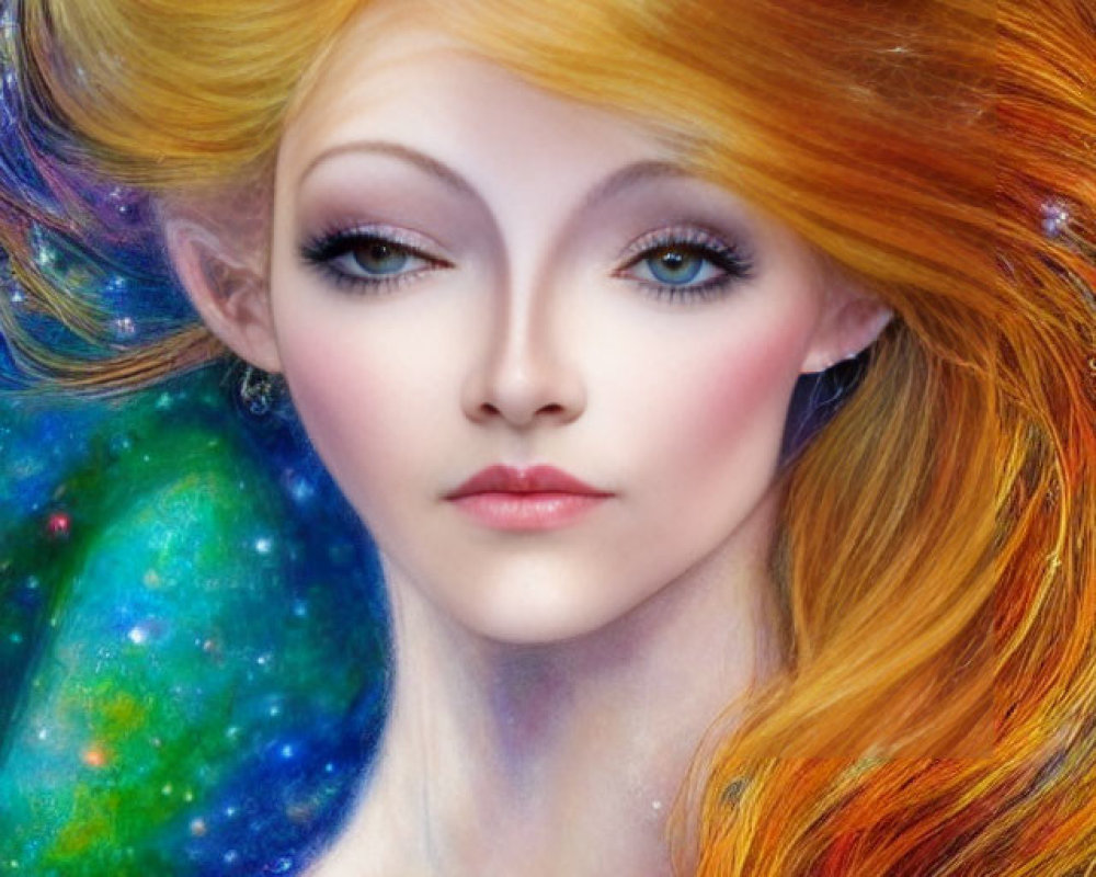 Vibrant cosmic illustration of female figure with flowing orange hair