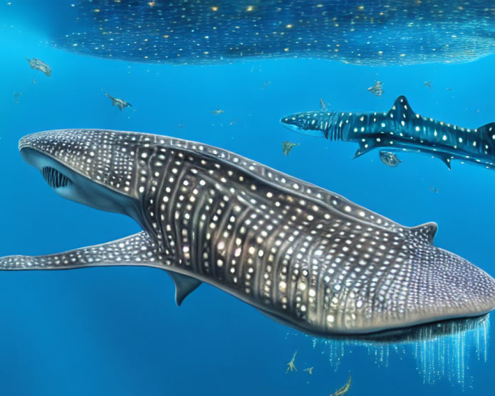 Whale sharks swimming in clear blue ocean with sunlight and smaller fish.