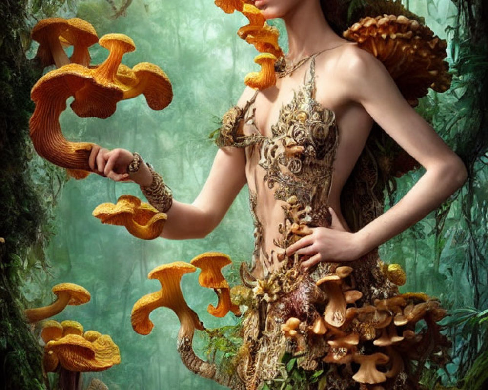 Woman in Mushroom Gown Stands in Enchanted Forest