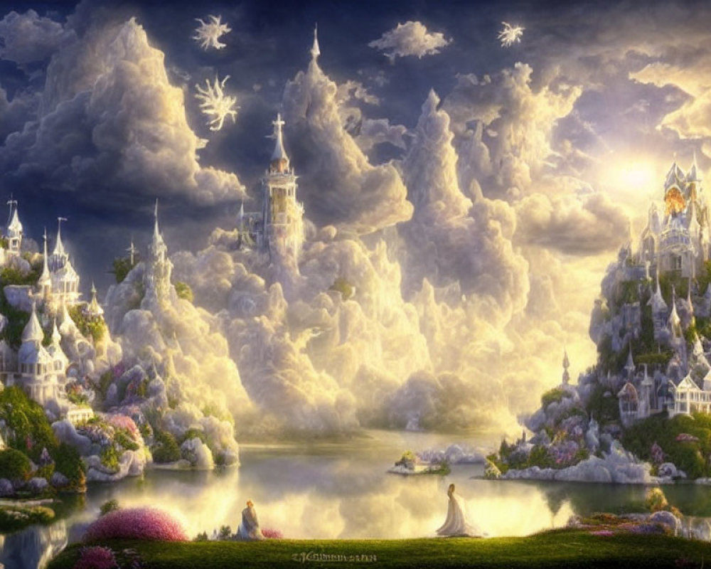 Ethereal fantasy landscape with castles, sunset, lake & birds