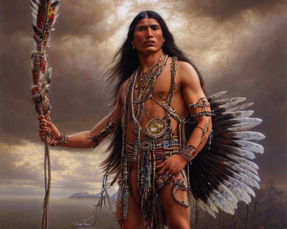 Native American warrior with staff and traditional regalia in dramatic landscape