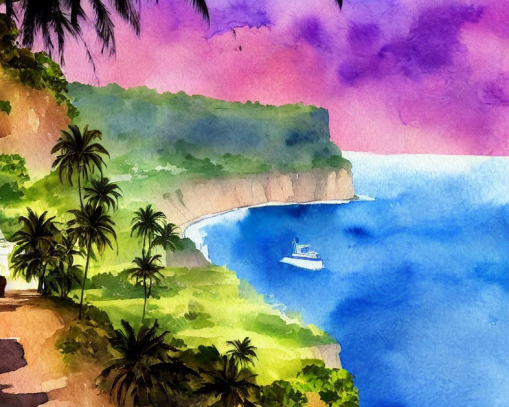 Tropical Coastal Watercolor Painting with Palm Trees and Sunset Sky