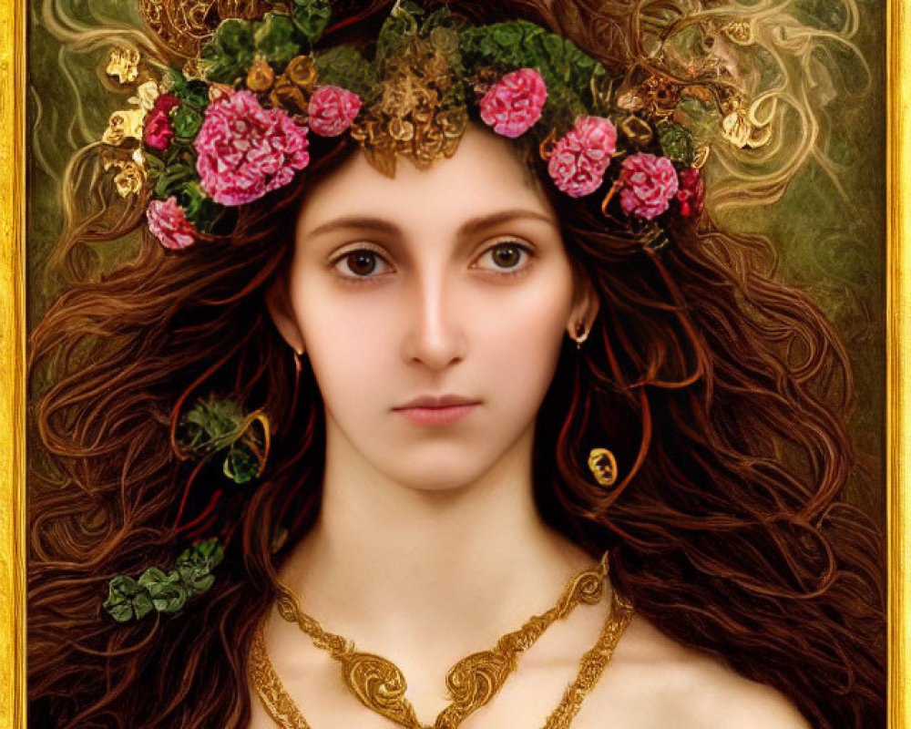 Detailed portrait of woman with brown hair and gold jewelry against intricate backdrop