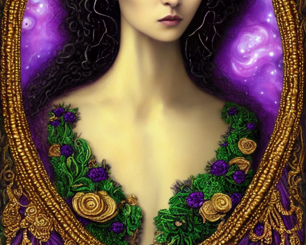 Illustration of Woman with Blue Eyes in Cosmic and Greenery Border