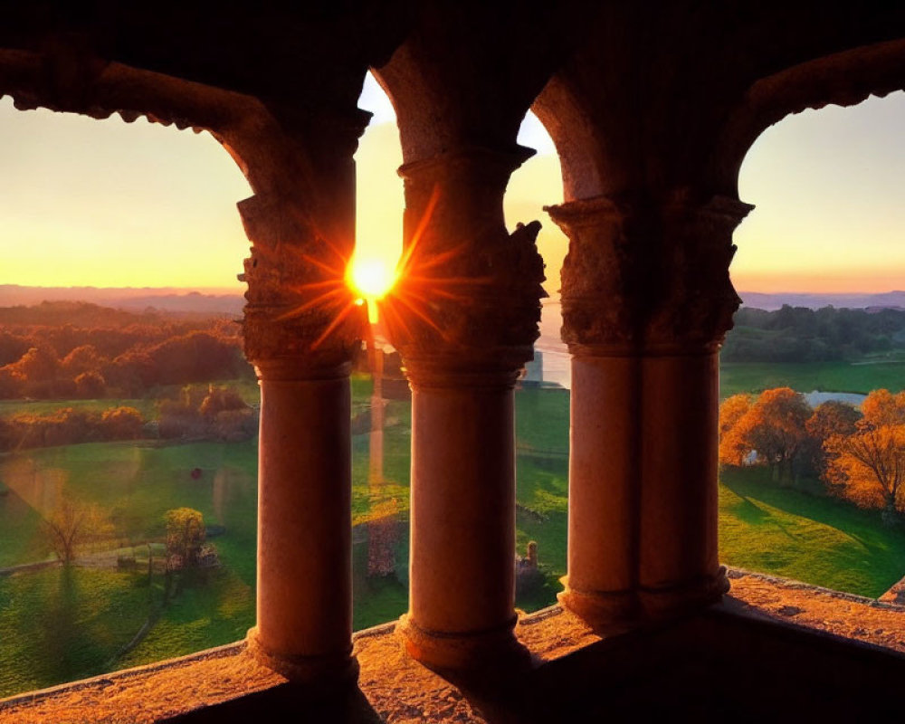 Warm Glow Sunset Through Old Stone Arches in Countryside