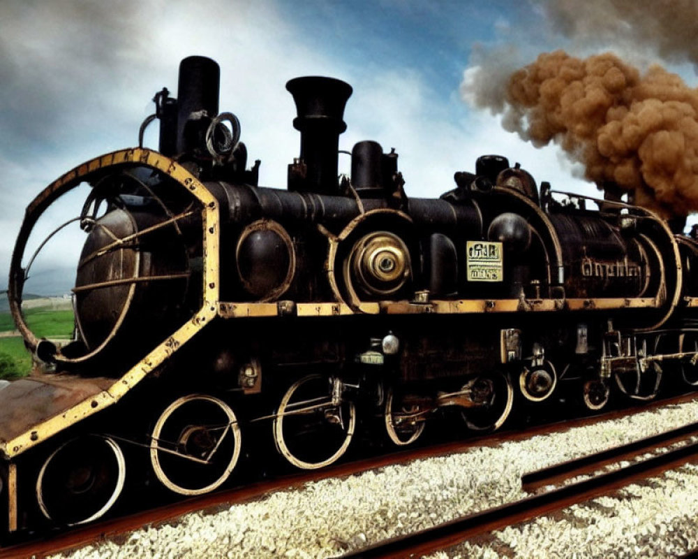 Vintage black steam locomotive on tracks in green landscape with smoke.