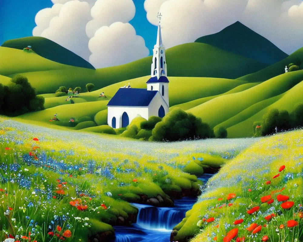 Scenic landscape with church, green hills, flowers, stream, clouds