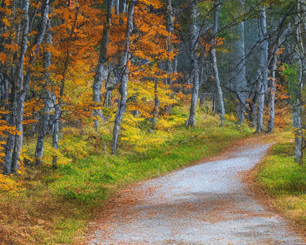Scenic autumn forest with winding gravel path