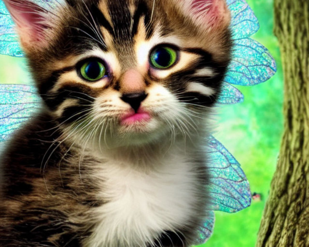 Kitten with Blue Butterfly Wings Beside Tree Trunk