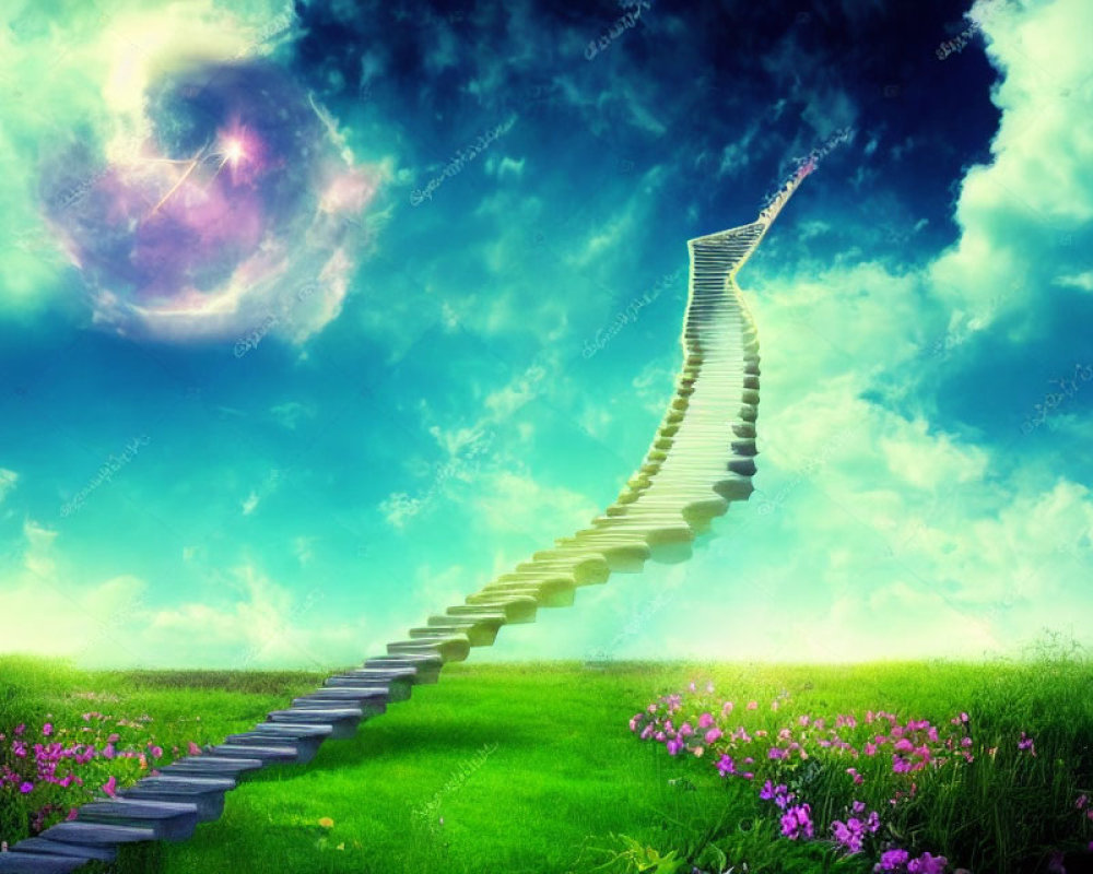 Surreal landscape with stone staircase, galaxy in sky, green meadow