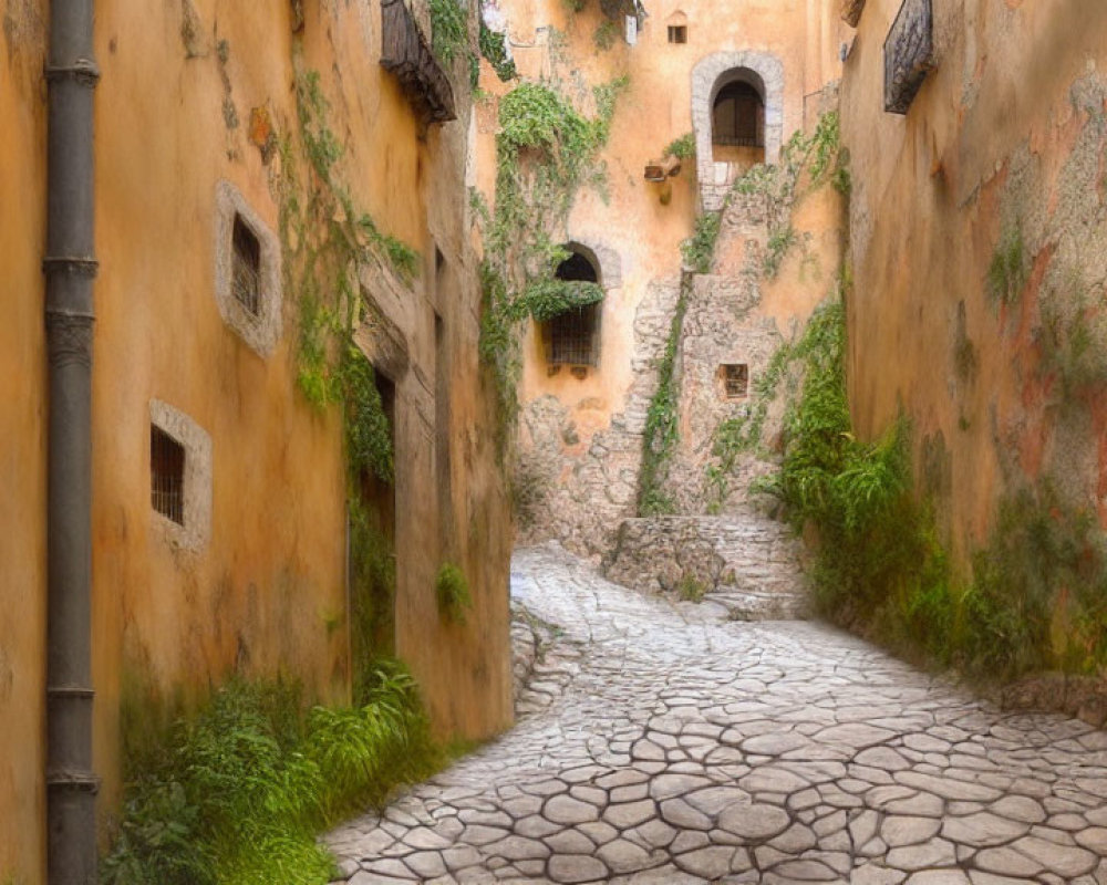 Weathered Orange Walls and Cobblestone Alleyway with Arched Doorways and Stone Steps