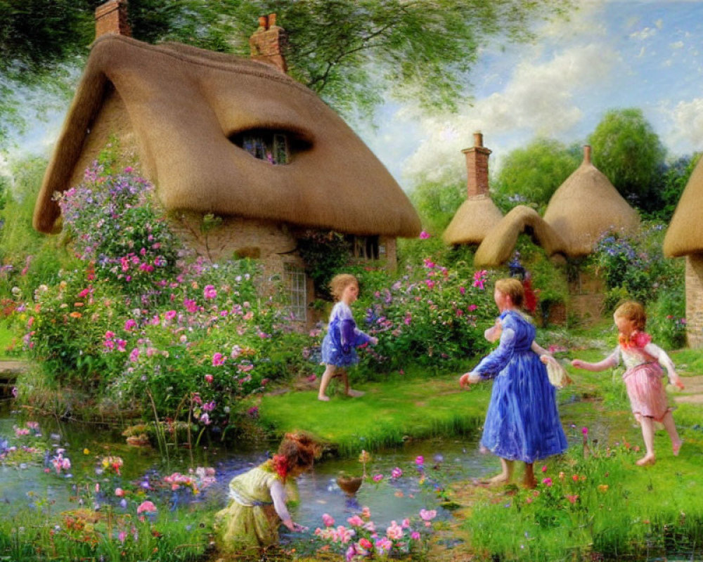 Rural Thatched Cottages, Children Playing by Pond in Flower-filled Landscape