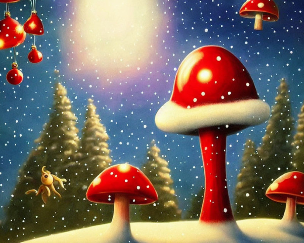 Snow-covered pine trees with red-capped mushrooms and a joyful creature in a whimsical winter setting