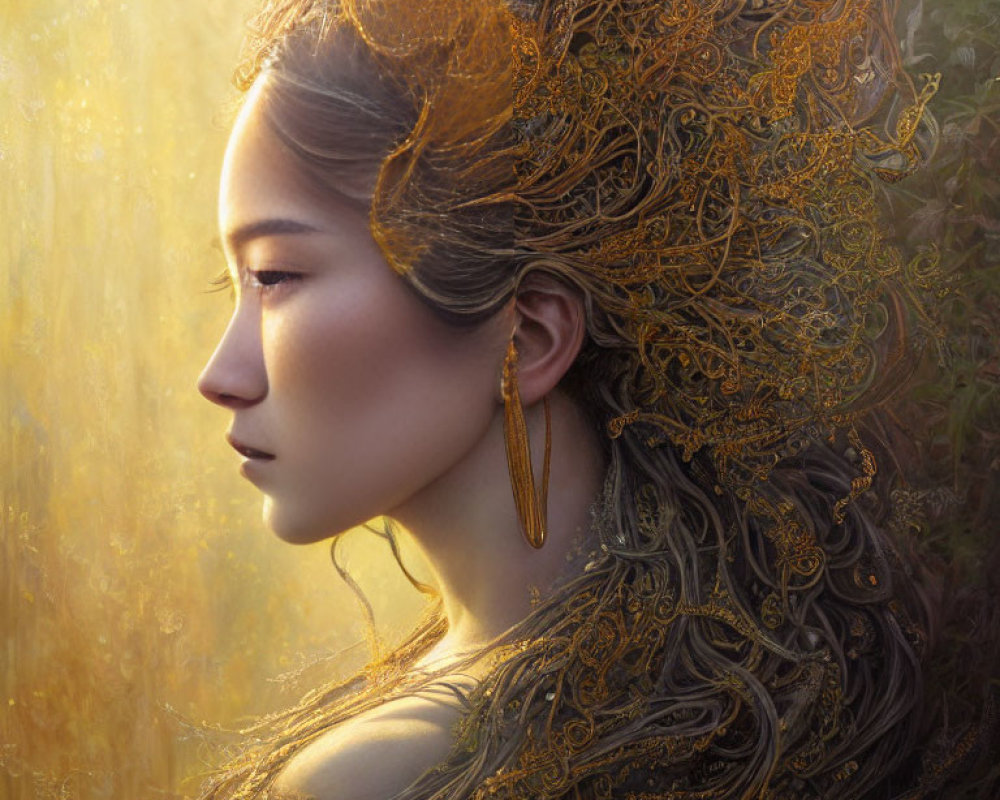 Profile of Woman with Ornate Golden Headdress on Warm Backdrop