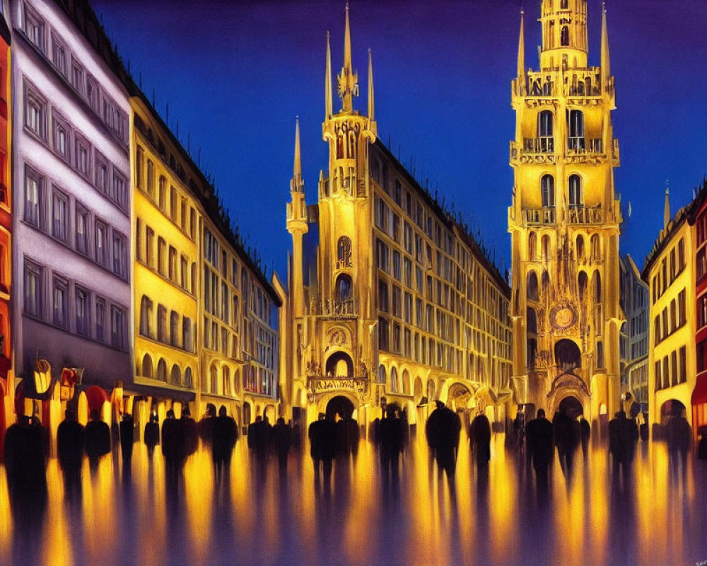 Colorful Street Scene at Dusk with Gothic Tower