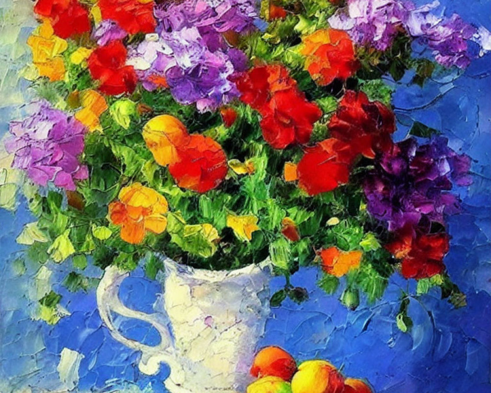 Colorful Flower Bouquet Painting with Fruits in Thick Impressionistic Style