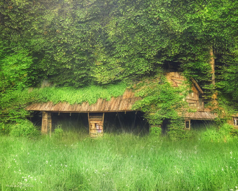 Rustic wooden cabin surrounded by green ivy in forest clearing