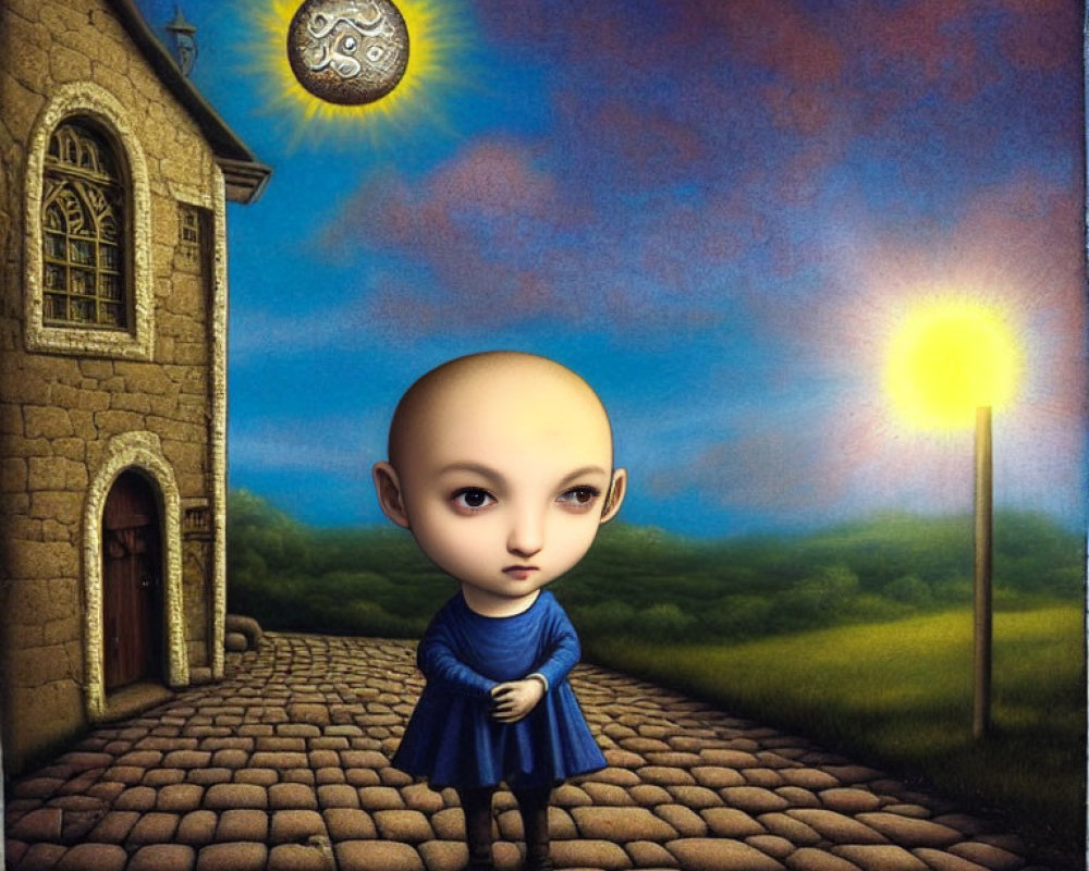 Surreal painting of child in blue dress on cobblestone path