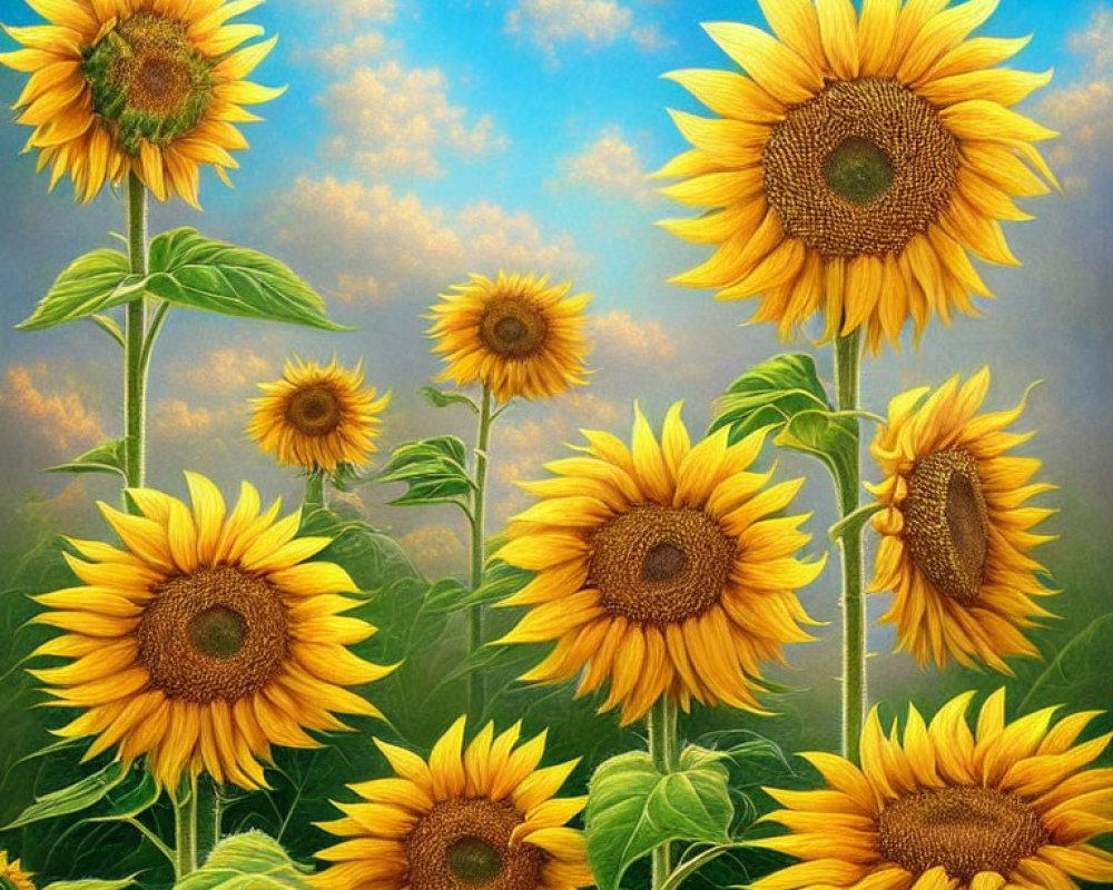 Bright sunflower painting against blue sky with fluffy clouds