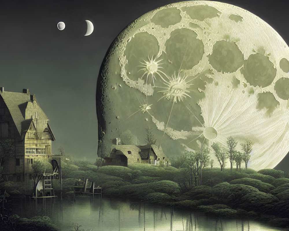 Traditional houses by a lake under surreal moon and starlit sky