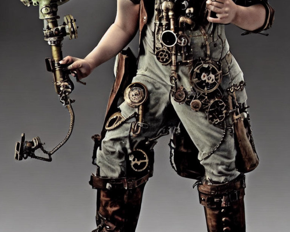 Steampunk costume with cogwheel accessories and pumpkin-themed boots
