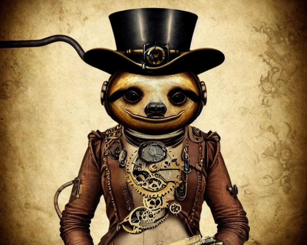 Steampunk-style character with meerkat head in top hat and gear-driven attire.