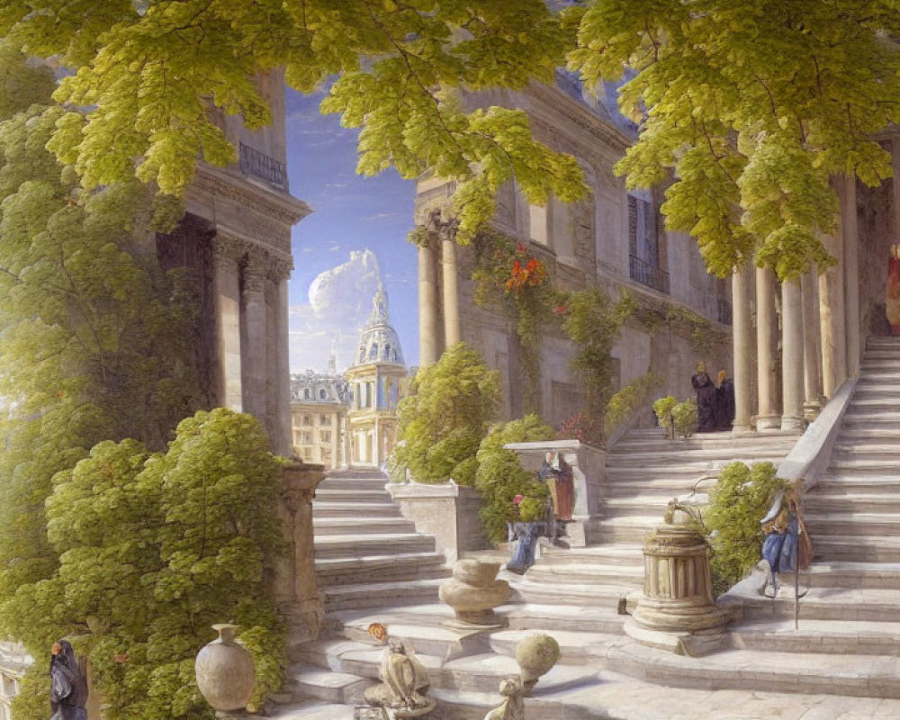 Classical architecture with columns, stairs, and period clothing in a scenic cityscape.