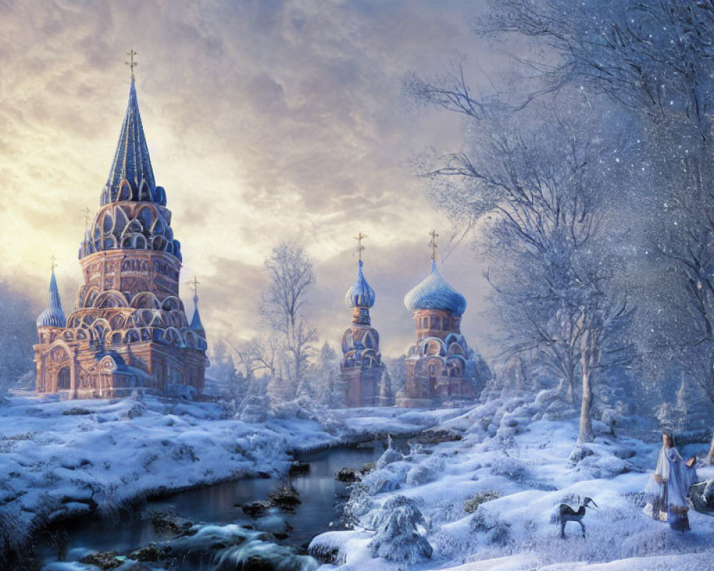 Whimsical winter church scene with woman, dog, and river