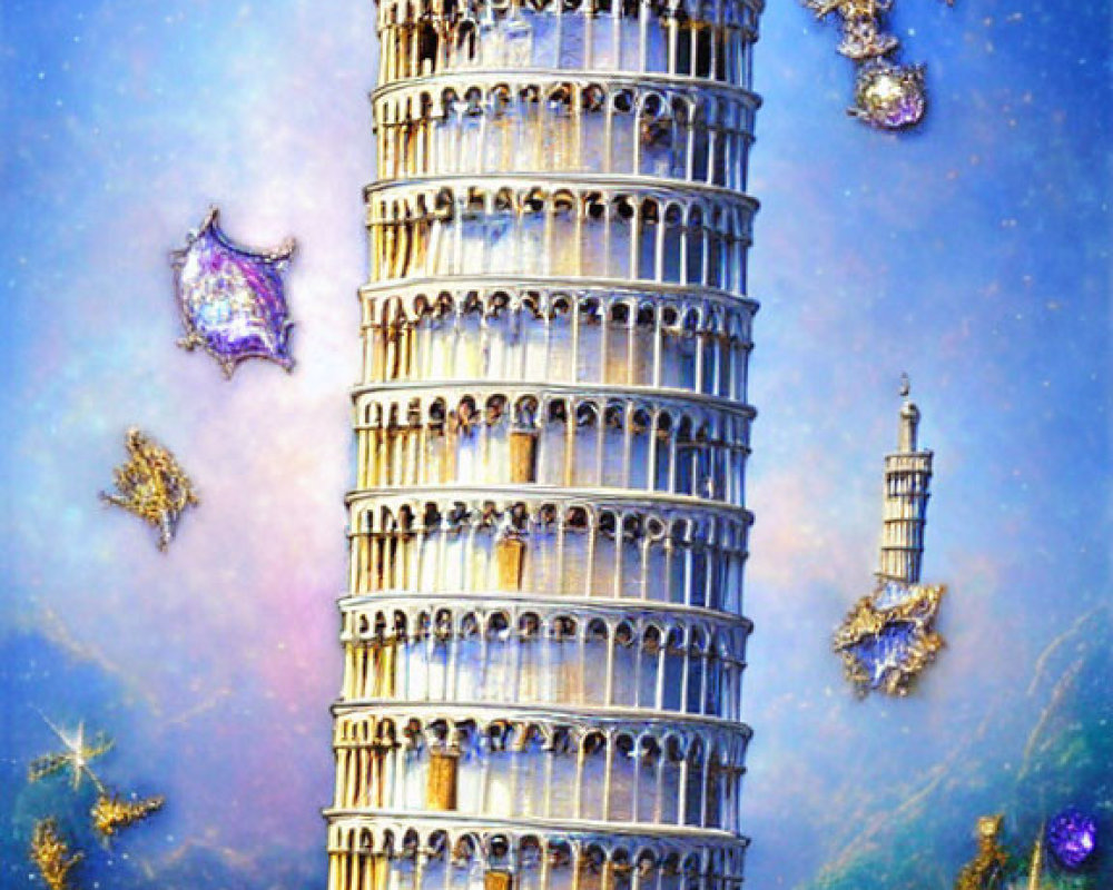 Fantastical Leaning Tower of Pisa with illuminated floating islands at night