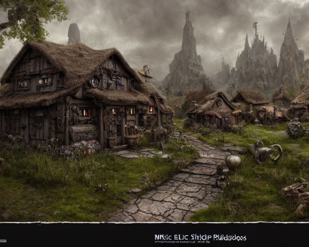 Rustic cottages and rocky spires in moody fantasy village