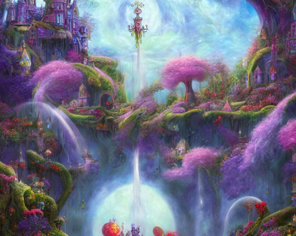 Fantastical landscape with purple foliage, waterfalls, and whimsical architecture