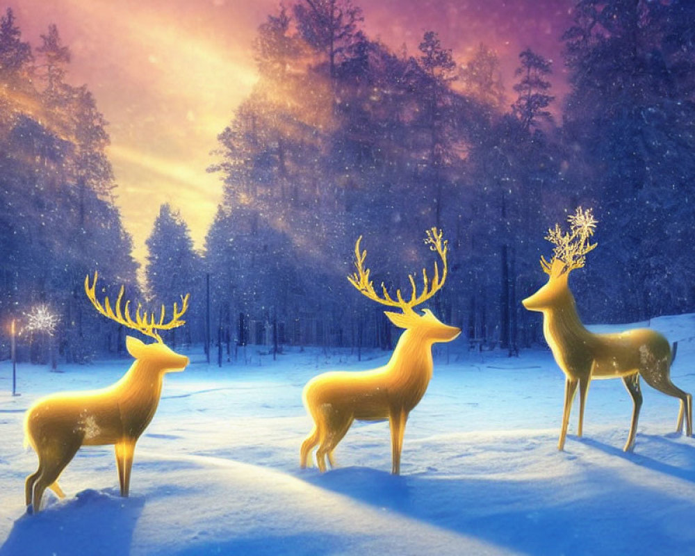 Winter Forest: Glowing Golden Deer in Snowy Sunset Scene