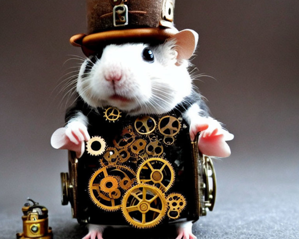 Steampunk-themed guinea pig with gears, hat, and lantern pose.