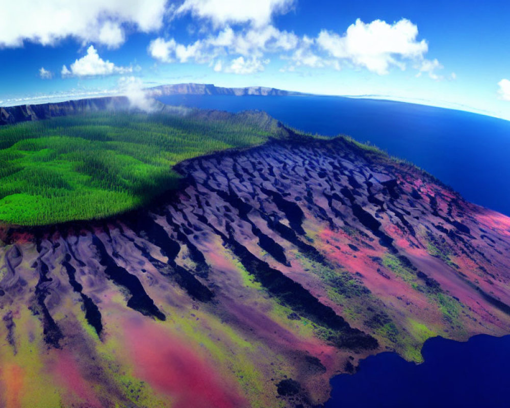 Volcanic landscape with crater, green forest, lava flows, and ocean