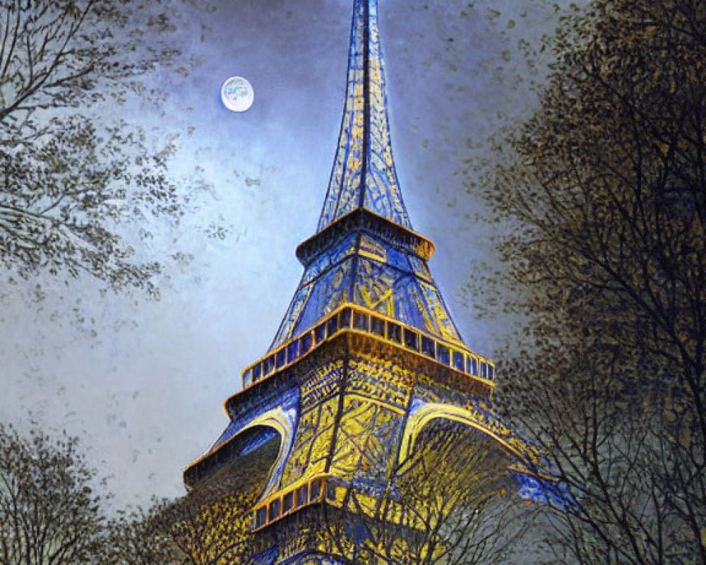 Iconic Eiffel Tower at night with starry sky, people, lampposts,