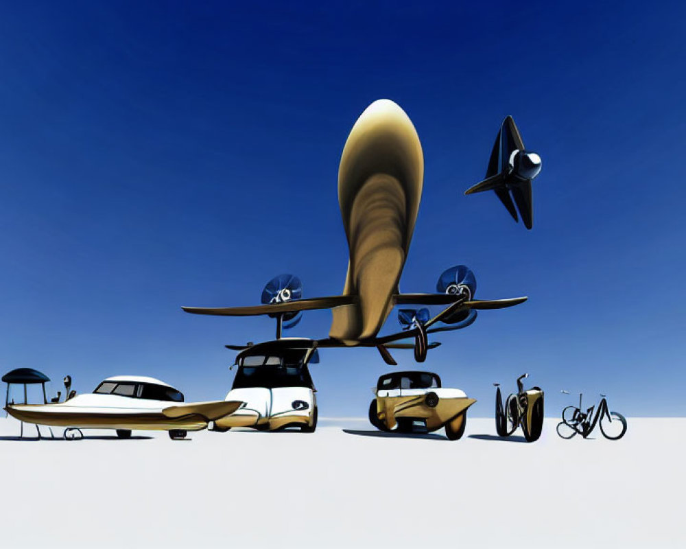 Assorted Vehicles with Surreal Proportions on Light Blue Background