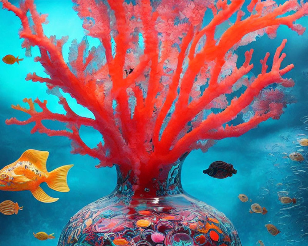 Colorful underwater scene with vibrant red coral and tropical fish in ornate vase