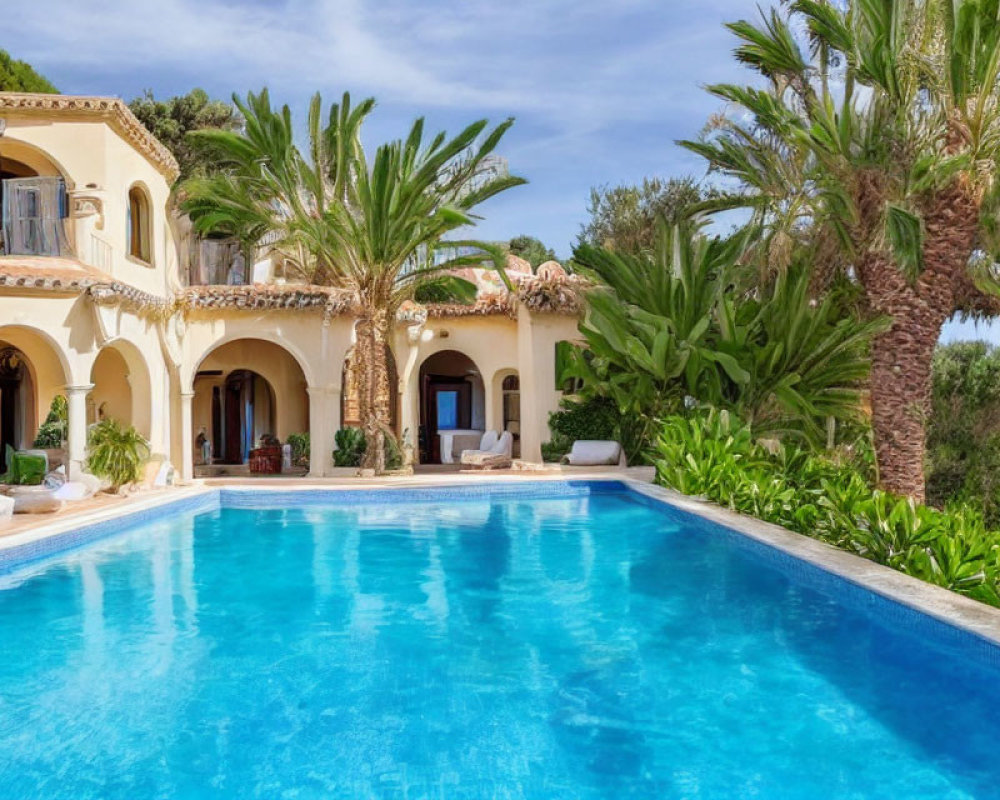Luxurious Pool by Elegant Villa with Arches and Palm Trees