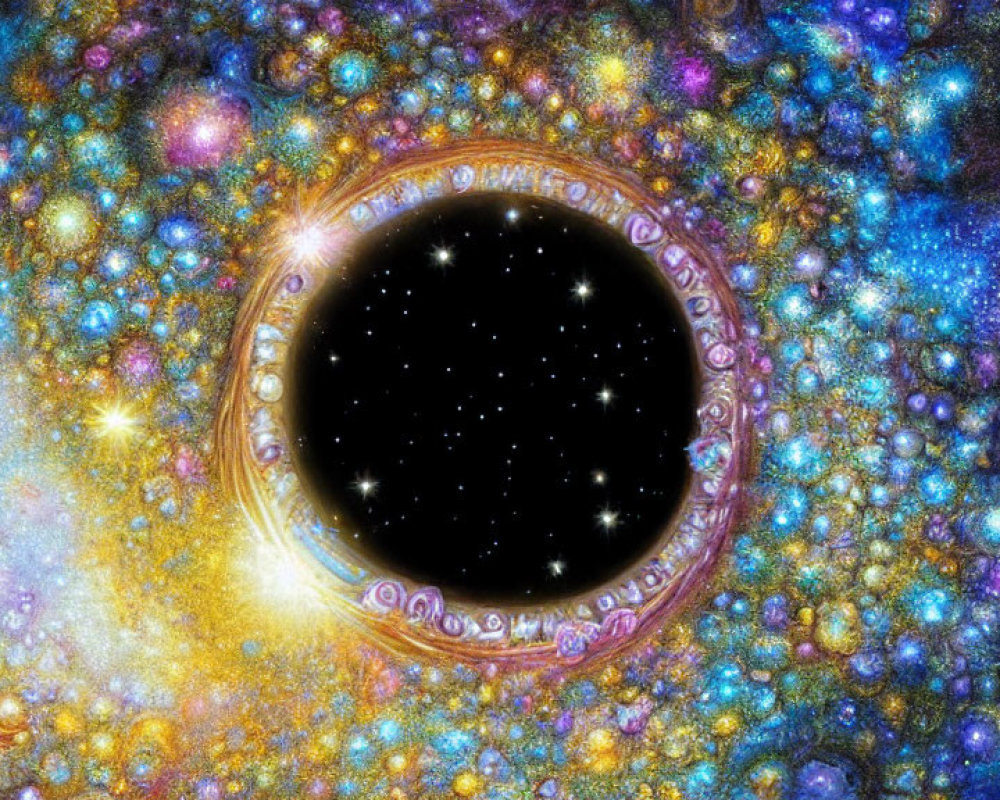 Colorful cosmic scene with black hole and star clusters.