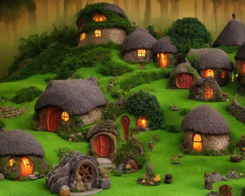 Miniature fantasy village: Cozy cottages in green hills with softly lit windows