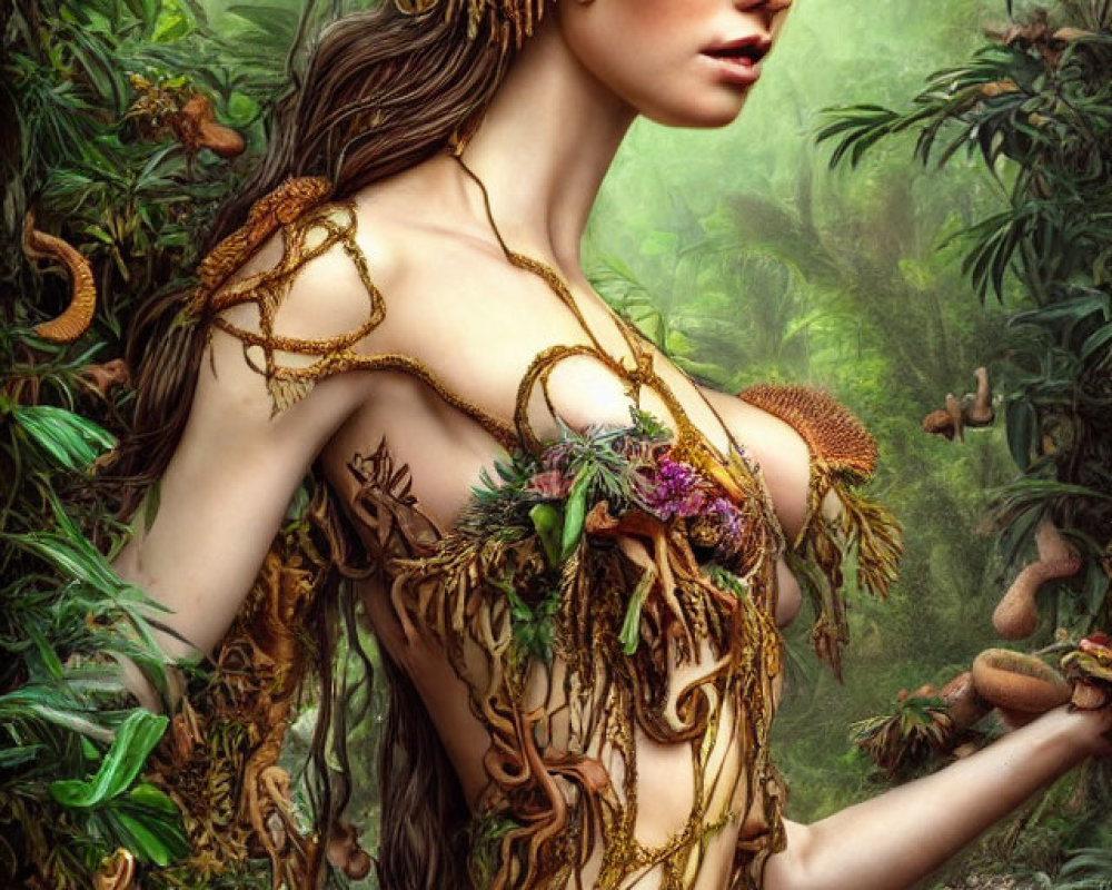 Colorful butterfly crown adorns mystical forest nymph in lush greenery