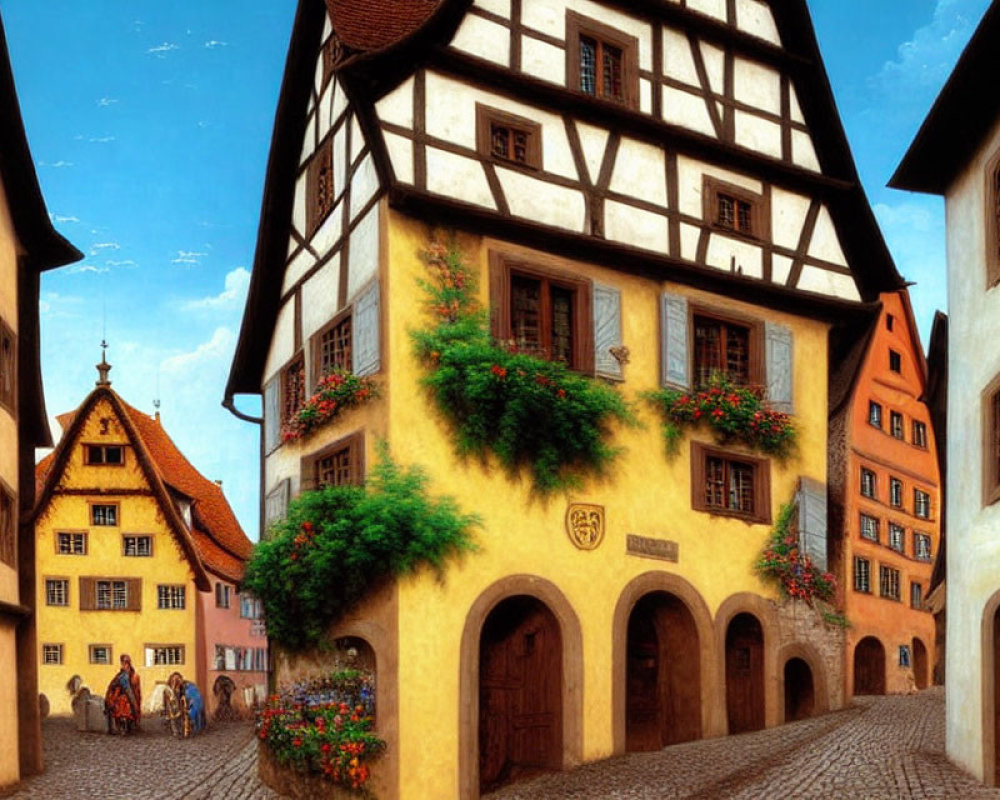 Charming European cobblestone street with colorful half-timbered houses